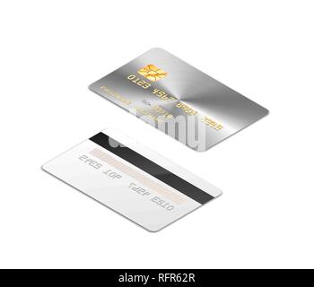 Silver realistic credit card with chip from both sides in isometric projection isolated on white Stock Vector