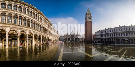 Panoramic view on San Marco Square, Piazza San Marco, flooded during the Acqua alta Stock Photo