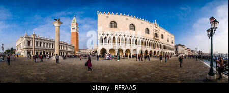 Panoramic view on San Marco Square, Piazza San Marco, Doge's Palace, Palazzo Ducale, St Mark's Campanile, Campanile di San Marco Stock Photo