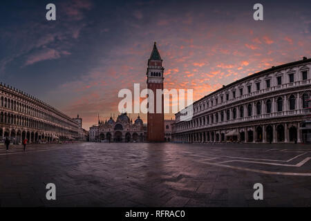 Panoramic view on San Marco Square, Piazza San Marco, St Mark's Campanile, Campanile di San Marco, at sunrise Stock Photo