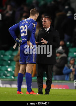 Celtic manager Brendan Rodgers chats with Hamilton goalkeeper Ryan Fulton after the Ladbrokes Scottish Premiership match at Celtic Park, Glasgow. Stock Photo