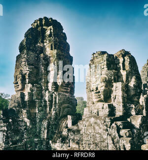 Buddha faces in Bayon temple in Angkor Thom at morning time. Siem Reap. Cambodia Stock Photo