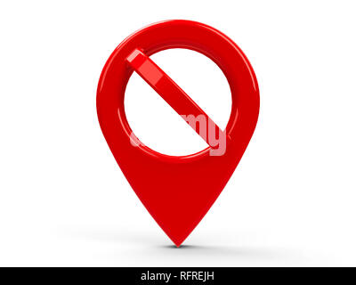 Red map pointer with No sign isolated on white background, three-dimensional rendering, 3D illustration Stock Photo