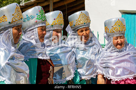 Kazakh elderly women in traditional costumes, in Shymkent, Kazakhstan. Stock Photo