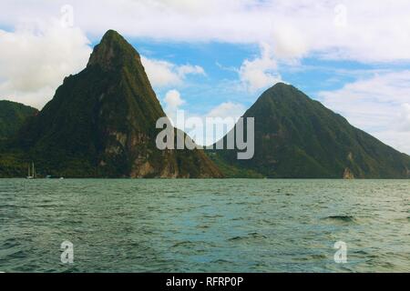 The famous Pitons mountains on the Caribbean island of St Lucia. Stock Photo