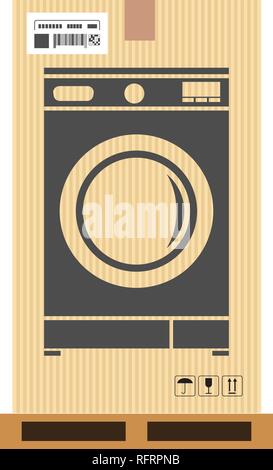 Mock up of washing machine in carton box. Moving and delivery services. Vector illustration Stock Vector