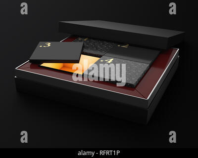 3d Illustration of open rectangular box with boxes inside, isolated black background. Stock Photo