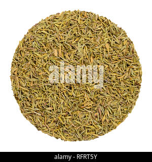 Dried thyme. Herb circle from above, isolated, over white. Disc made of minced stems. Green herb, Thymus vulgaris, a relative of oregano. Stock Photo