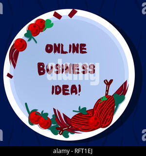 Handwriting text Online Business Idea. Concept meaning Online concept that can be used for financial gain Hand Drawn Lamb Chops Herb Spice Cherry Toma Stock Photo