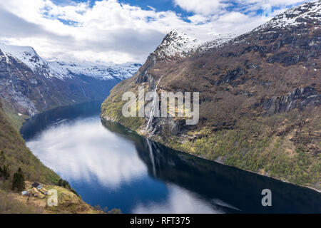 Geirangerfjord, The Seven Sisters waterfall and Skagefla mountain farm viewed from above the fjord. A Unesco World Heritage site in Norway Stock Photo