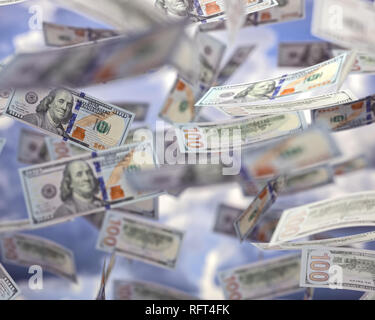 Raining money from the sky, American dollar bills falling everywhere. Concept of wealth, making easy money, without difficulty. Stock Photo