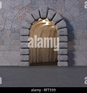 Front view of tiled granite wall with cyclopean stone gate entrance and asphalt floor. Square 3d render. Stock Photo