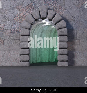 Front view of tiled granite wall with cyclopean stone gate entrance, asphalt floor, and green light inside the cave. Square 3d render. Stock Photo