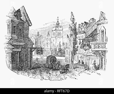 An 18th Century street scene in Islington in Greater London, England, showing Old St Mary's Parish Church in Upper Street. Now part of the London Borough of Islington, it grew as a sprawling Middlesex village along the line of the Great North Road, and has provided the name of the modern borough. Stock Photo