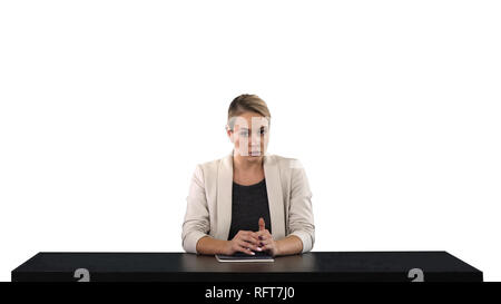 A female newsreader presenting the news, add your own text or image screen behind her, white background Professional shot in 4K resolution. 007. You c Stock Photo