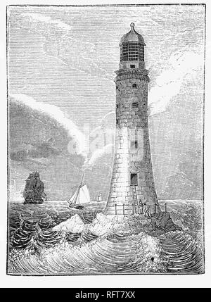 The third Eddystone Lighthouse on the dangerous Eddystone Rocks, south of Rame Head, England.  Designed  by the Royal Society, civil engineer John Smeaton modelled the shape on an oak tree, built of granite blocks. He pioneered 'hydraulic lime', a concrete that cured under water, and developed a technique of securing the granite blocks using dovetail joints and marble dowels. Construction started in 1756 and the light was first lit on 16 October 1759. In 1841 major renovations were made and it remained in use until 1877 when it was rebuilt on Plymouth Hoe, in Plymouth, as a memorial. Stock Photo