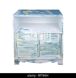 Sanded, pld painted cabinet in yellow, blue, green and antique black with louvered, wood panels as doors isolated on white Stock Photo