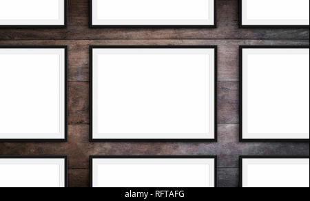 set of frames on wood background - blank picture frames mock-up Stock Photo