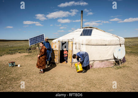 Nomadic herders' ger camp on Steppes grasslands of Mongolia, Asia Stock Photo