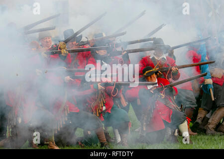 Nantwich, Cheshire, UK 26th Jan, 2019 . The Battle of Nantwich. For more than 40 years, the faithful troops of The Sealed Knot have gathered in the historic town of Nantwich, Cheshire, to re-enact the bloody shooting battle, muskets firing guns gun soldiers soldier, that took place in 1644. Now known as Holly Holy Day, the annual event re-enacts the battle that ended the long and painful siege of the town. Credit: MWI/AlamyLiveNews. Stock Photo