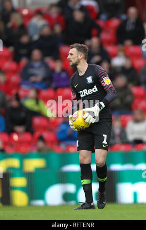 Stoke on Trent, Staffordshire, UK. 26th January, 2019. Preston North End goalkeeper Declan Rudd (1) during the EFL Sky Bet Championship match between Stoke City and Preston North End at the Bet365 Stadium, Stoke-on-Trent, England on 26 January 2019. Photo by Jurek Biegus.  Editorial use only, license required for commercial use. No use in betting, games or a single club/league/player publications. Credit: UK Sports Pics Ltd/Alamy Live News Stock Photo