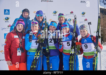 Lenzerheide, Switzerland. 26th Jan, 2019. The russian winners during the 2019 IBU Biathlon Cup Women 10 km Pursuit competition in Lenzerheide. Credit: Rolf Simeon/Alamy Live News Stock Photo