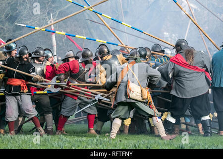 The Battle of Nantwich was fought during the First English Civil War, between the Parliamentarians and Royalists, northwest of the town of Nantwich in Cheshire on 25 January 1644. The Royalists under Lord Byron were besieging Nantwich, and Sir Thomas Fairfax led an army to relieve the town. As Fairfax approached, a sudden thaw caused the River Weaver to rise in spate, dividing Byron's cavalry from his infantry and artillery, who were overrun and destroyed by Fairfax. Stock Photo