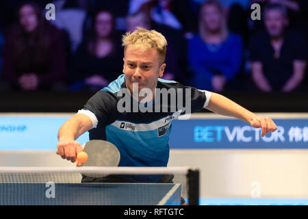 London, UK. 26th Jan, 2019. Andrew Baggaley (ENG) against Dai Suchuan (CHN) during Betvictor World Championship of Ping Pong - 2019 tournament - knockout stage at Alexander Palace on Saturday, 26 January 2019. LONDON ENGLAND. (Editorial use only, license required for commercial use. No use in betting, games or a single club/league/player publications.) Credit: Taka G Wu/Alamy News Credit: Taka Wu/Alamy Live News Stock Photo