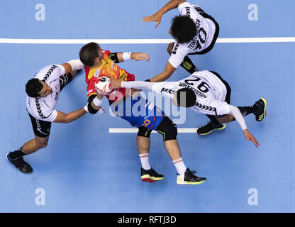 Herning, Denmark. 26th Jan, 2019. Ibrahim Elmasry, Egypt, Karim Abdelrahim, Egypt and Ali Zeinelabedin, Egypt are blocking Julen Aguinagalde Akizu (13), Spain during the handball match for the 7th and 8th place between Spain and Egypt in Jyske Bank Boxen in Herning during the 2019 IHF Handball World Championship in Germany/Denmark. Credit: Lars Moeller/ZUMA Wire/Alamy Live News