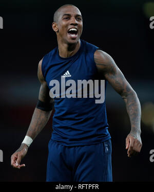 London, UK. 25th Jan, 2019. Manchester United's Ashley Young celebrates after their FA Cup fourth round match between Arsenal and Manchester United at the Emirates Stadium in London, Britain on Jan. 25, 2019. Manchester United won 3-1. Credit: Han Yan/Xinhua/Alamy Live News Stock Photo