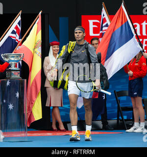 Melbourne, Australia. 27th Jan, 2019. Rafael Nadal from Spain walks into the Rod Laver Arena before the men's final at the 2019 Australian Open Grand Slam tennis tournament in Melbourne, Australia. Frank Molter/Alamy Live news