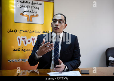 Cairo, Egypt. 17th Jan, 2019. Addiction psychiatrist Hesham Gomaa speaks during an interview with the German Press Agency (DPA) at the addiction Treatment and Abuse Fund headquarters. Credit: Gehad Hamdy/dpa/Alamy Live News Stock Photo