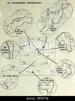 . Canon City District wilderness planning amendment. Wilderness areas; Land use. 13 MAP II - 1 ALTERNATIVE A - ALL WILDERNESS DESIGNATION. Please note that these images are extracted from scanned page images that may have been digitally enhanced for readability - coloration and appearance of these illustrations may not perfectly resemble the original work.. United States. Bureau of Land Management. Denver, Colo. : U. S. Dept. of the Interior, Bureau of Land Management Stock Photo