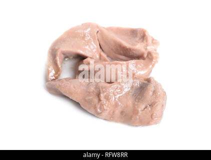 Preserved Atlantic cod liver witth invasion or worm infection. Isolated on white background. Stock Photo