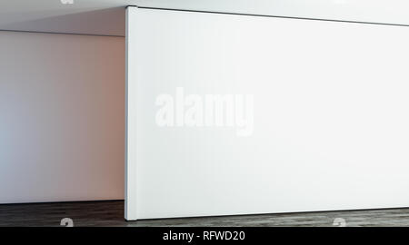 Blank white large gallery wall in hall mock up, 3d rendering. Empty big stand in room mockup, side view. Clear sunlight interior with modern exhibition wal tempate. Stock Photo