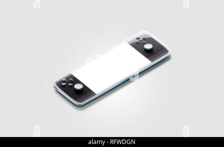 Blank white display on game pad mock up, isolated, side view, 3d rendering. Empty gaming joystick mockup. Clear digital pocket psp. Teenager toy for videogame template. Stock Photo