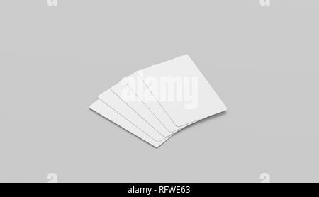 Blank white five playing cards face mockup, isolated, side view, 3d rendering. Empty paper taro mock up. Clear display for trump suit. Success and fortune in gaming template. Stock Photo