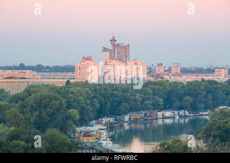 View of the confluence of the Sava and Danube rivers with Genex tower in distance, Belgrade, Serbia, Europe Stock Photo