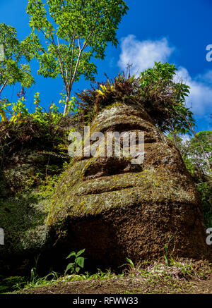 Face Sculpture in Tuff Rock, Asilo de la Paz, Highlands of Floreana (Charles) Island, Galapagos, UNESCO World Heritage Site, Ecuador, South America Stock Photo