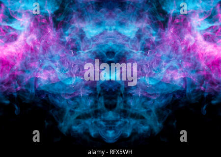 Mocap for cool t-shirts. Thick colorful blue and pink smoke  in the form of a monster on a black isolated background. Background from the smoke of vap Stock Photo