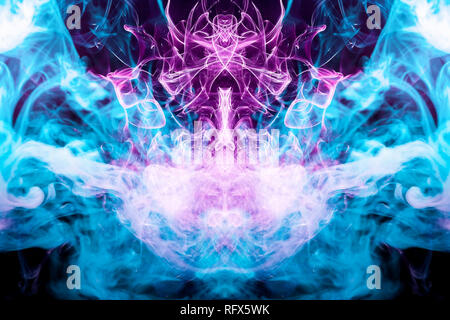 Mocap for cool t-shirts. Thick colorful blue and pink smoke  in the form of a monster on a black isolated background. Background from the smoke of vap Stock Photo