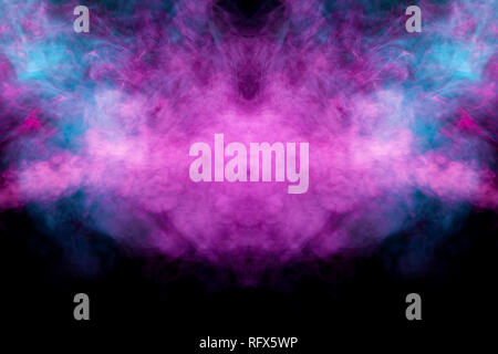 Mocap for cool t-shirts. Thick colorful blue and pink smoke  in the form of a monster on a black isolated background. Background from the smoke of vap Stock Photo