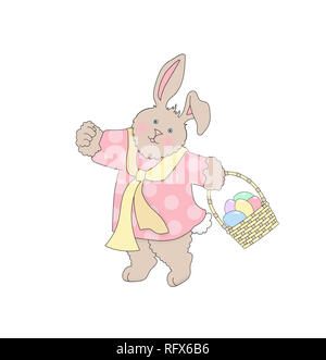 Illustration of a cute bunny rabbit wearing clothes and carrying an Easter basket on a white background Stock Photo