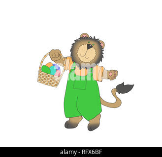 Illustration of a cute lion wearing clothes and carrying an Easter basket on a white background Stock Photo