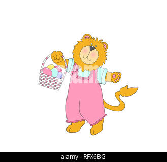 Illustration of a cute lion wearing clothes and carrying an Easter basket on a white background Stock Photo