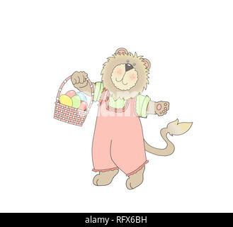 Illustration of a cute lion wearing clothes and carrying an Easter basket on a white background Stock Photo