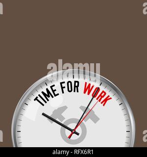 Time for Work. White Vector Clock with Motivational Slogan. Analog Metal Watch with Glass. Vector Illustration Isolated on Solid Color Background. Two Stock Vector