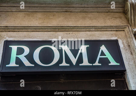 ROME, ITALY - JANUARY 5, 2019: light is enlightening Roma signboard Stock Photo