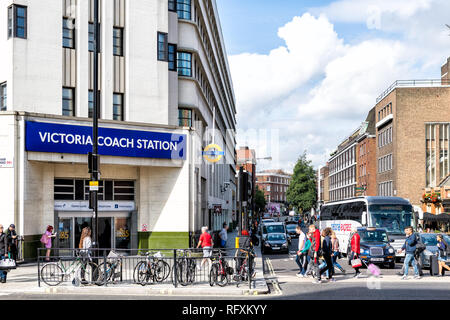 London, UK - September 15, 2018: United Kingdom Pimlico Westminster district with many people crossing street near Victoria station on urban street ro Stock Photo