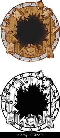 Vector cartoon clip art illustration of a hole in a wood shield breaking or exploding out into pieces and splinters. Ideal as a customizable backgroun Stock Vector